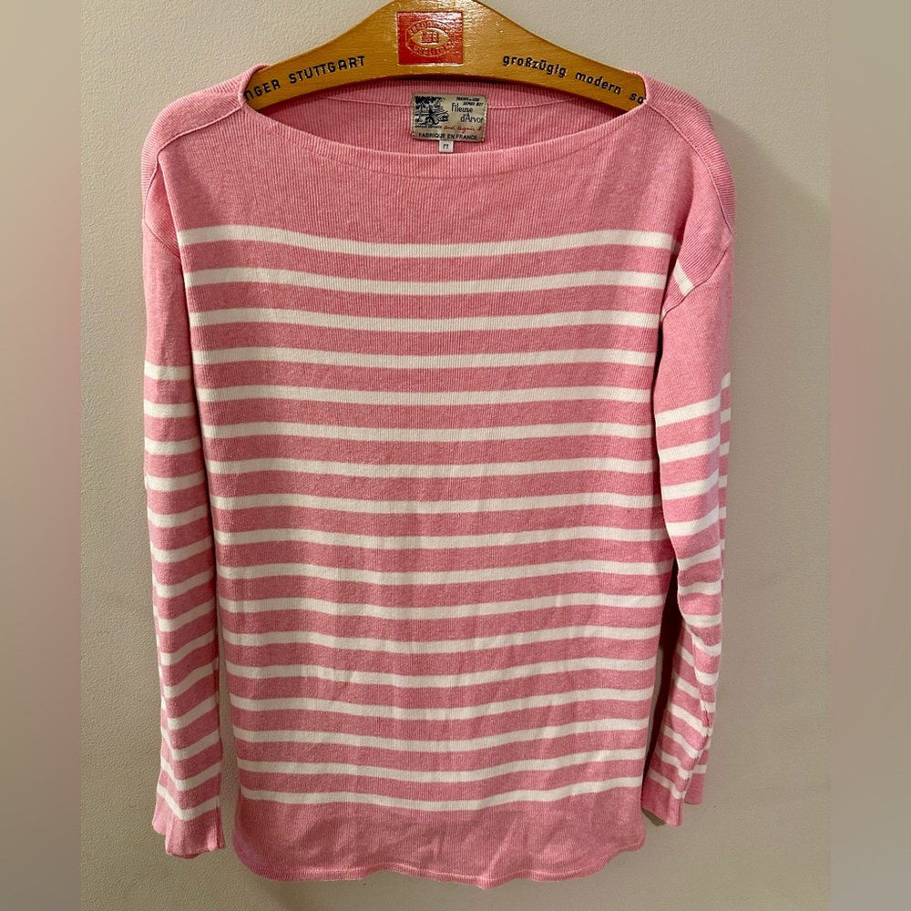 Agnes B. pink and white boat neck sweater 100% organic cotton Sz Medium